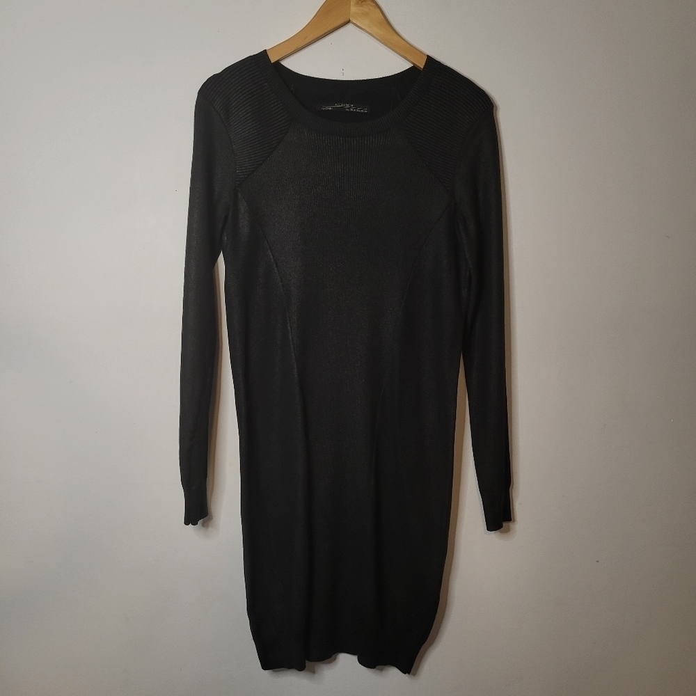 All Saints Stretch Knitted Ribbed Raglan Sleeve Solid Sweater Dress Black Size 6